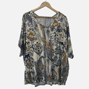 Women's 1X PLUS Paisley Blue Mustard Stretch Short Sleeve Casul V-Neck Blouse